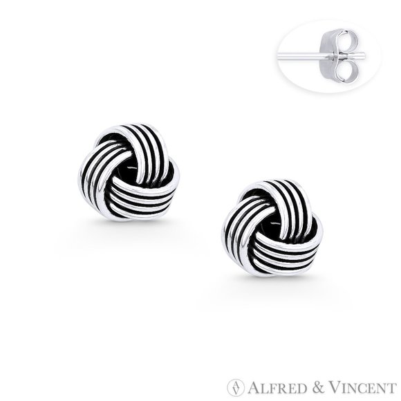 Love Knot Charm Stud Earrings in Oxidized .925 Sterling Silver - Picture 1 of 1